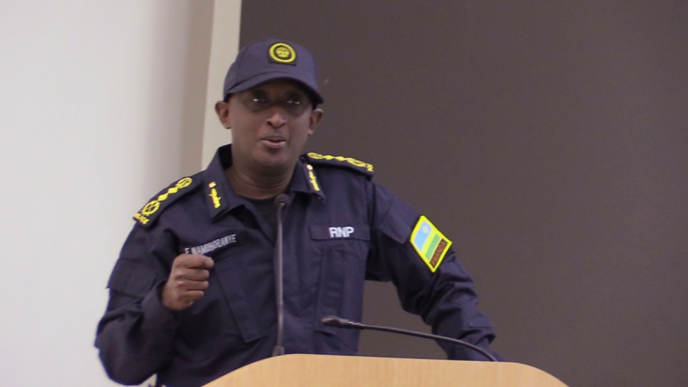 IGP Felix Namuhoranye speaks at the pass out of the first intake of Police Basic Criminal Investigation Course&#039; at the National Police College in Musanze District on Friday, June 23.