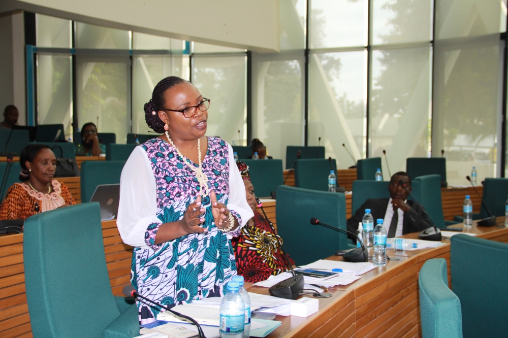 MP Françoise Uwumukiza moves the motion related to enhancing participation of women, youth and persons with disabilities in business and supporting them tap into AfCFTA opportunities, during an EALA session that passed it, on June 22, 2023, in Arusha, Tanzania (courtesy).