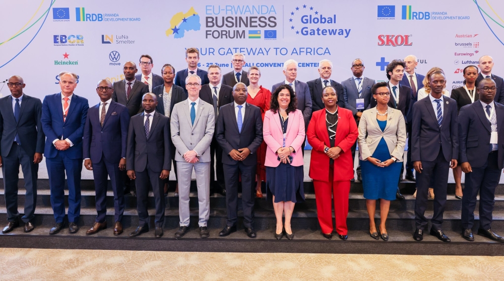 Prime Minister Edouard Ngirente with delegates  pose for a group photo during a two-day inaugural EU-Rwanda Business Forum&#039; in Kigali on Monday, June 26. While addressing over 600 delegates at the forum themed &#039;Rwanda - Your Gateway to Africa,&#039;, Ngirente emphasized the need for Rwanda to establish preferential trade agreements with the European Union  in order to stimulate economic growth. Courtesy
