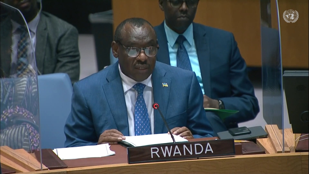 Amb. Claver Gatete, the Permanent Representative of Rwanda to the UN addresses  the Security Council. Courtesy