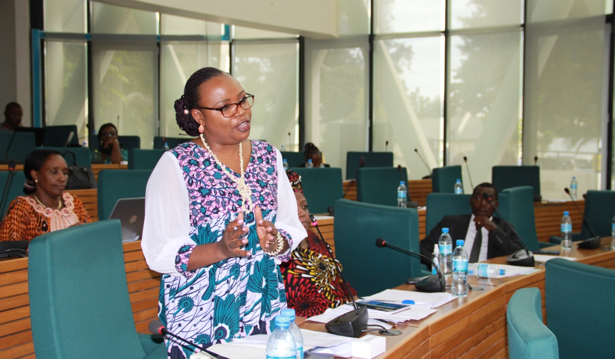 MP Françoise Uwumukiza moves the motion related to enhancing participation of women, youth and persons with disabilities in business and supporting them tap into AfCFTA opportunities, during an EALA session that passed it, on June 22, 2023, in Arusha, Tanzania (courtesy).