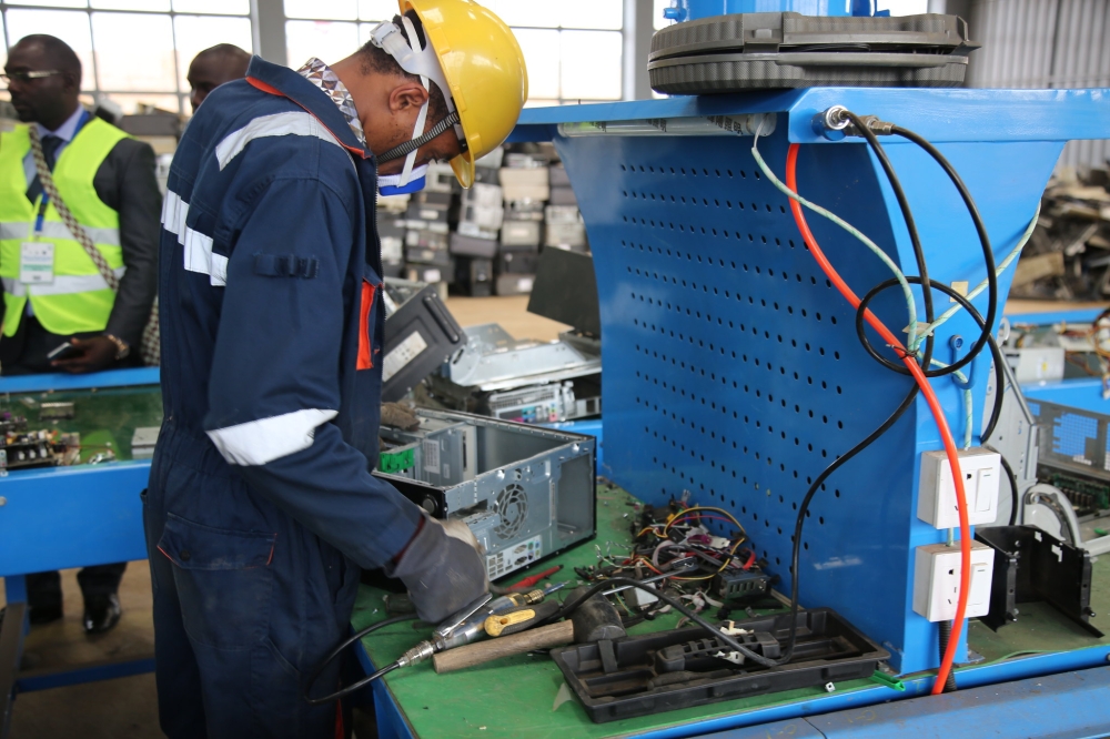 Workers sort some e-waste at National E-Waste Recycling Facility in Bugesera District. Rwanda’s total mercury releases into air, water, oil, by-products, and impurities, land and general waste stood at 19,558.85 kilogrammes. File