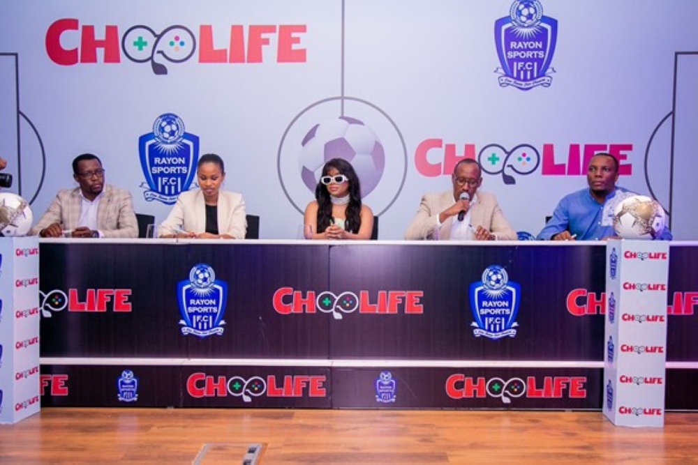 (L-R): Evalde Mulindankaka, the Ag. Director General of industry promotion and Entrepreneurship Development at Ministry of Trade and Industry, Aimee P. Cyuzuzo, Rwanda Country Manager -Choplife gaming, musician Nandy, now ChoLife Brand Ambassador, Rayon Sports president Jean Fidele Uwayezu and club Secretary General Patrick Namenye during the signing ceremony of the partnership deal. Courtesy