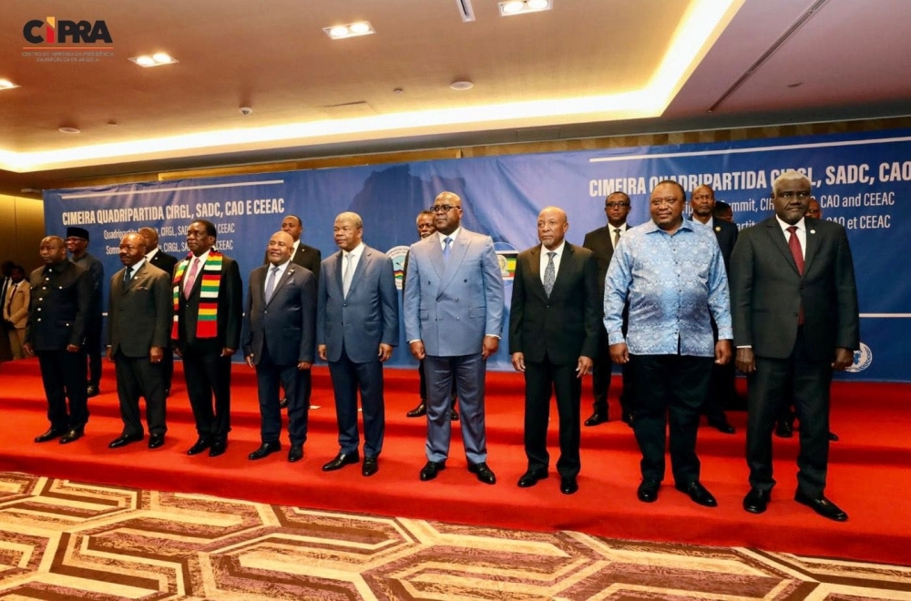 Heads of state and other senior delegates pose for a group photo after a meeting that discussed the coordination and harmonisation of regional responses to the conflict in eastern DR Congo Tuesday, June 27 .Courtesy