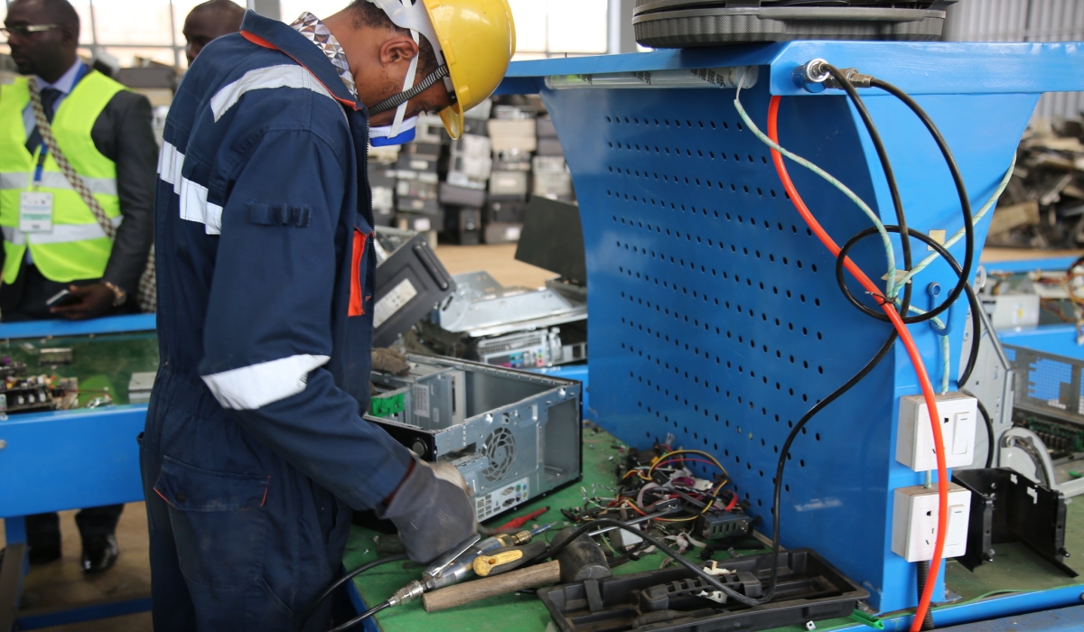 Workers sort some e-waste at National E-Waste Recycling Facility in Bugesera District. Rwanda’s total mercury releases into air, water, oil, by-products, and impurities, land and general waste stood at 19,558.85 kilogrammes. File