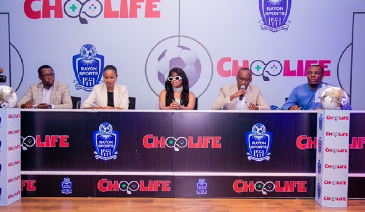 (L-R): Evalde Mulindankaka, the Ag. Director General of industry promotion and Entrepreneurship Development at Ministry of Trade and Industry, Aimee P. Cyuzuzo, Rwanda Country Manager -Choplife gaming, musician Nandy, now ChoLife Brand Ambassador, Rayon Sports president Jean Fidele Uwayezu and club Secretary General Patrick Namenye during the signing ceremony of the partnership deal. Courtesy
