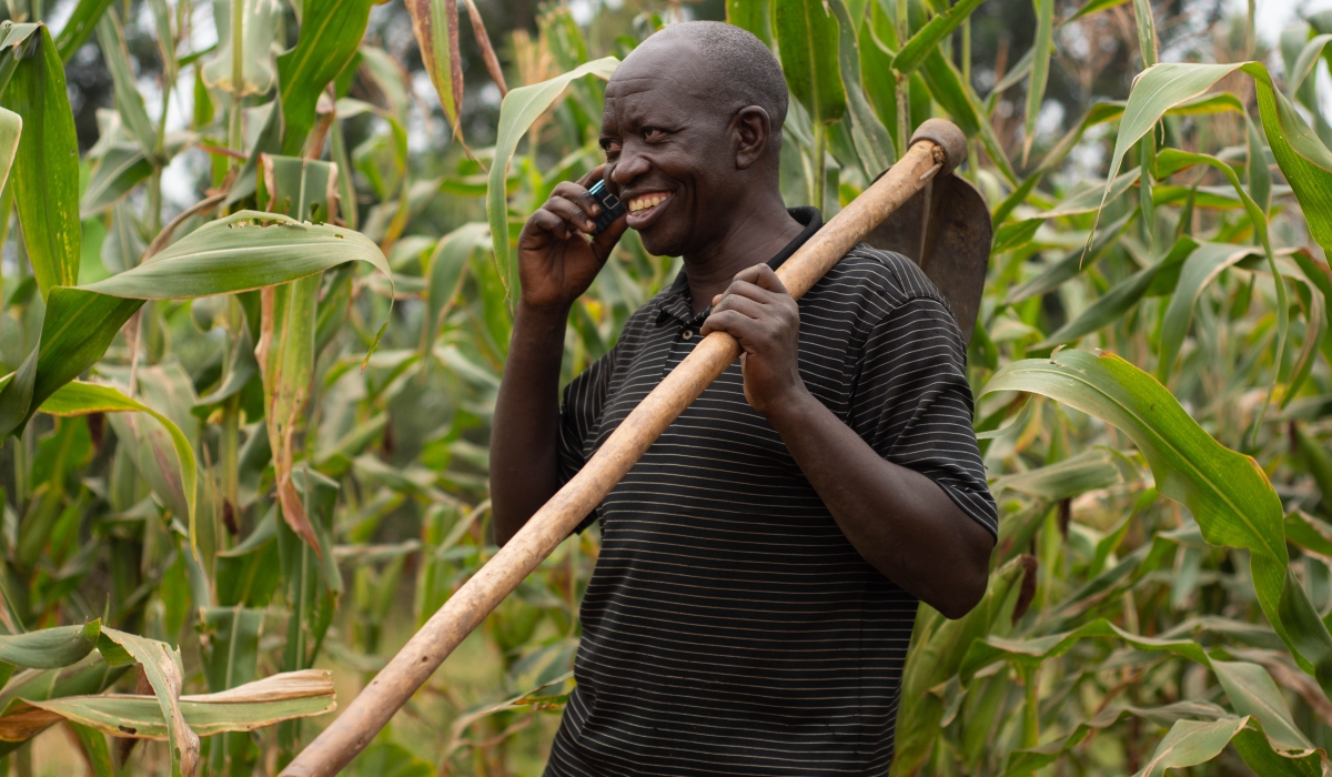 Faustin Karambizi in his maize plantation ,while calling a member of their cooperative to exchange ideas on the improvement of their farming.