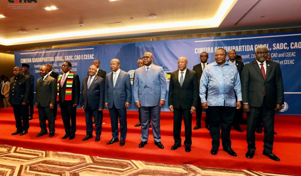 Heads of state and other senior delegates pose for a group photo after a meeting that discussed the coordination and harmonisation of regional responses to the conflict in eastern DR Congo Tuesday, June 27 .Courtesy