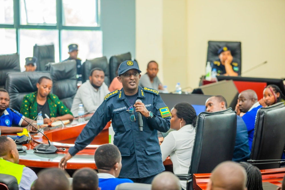 IGP Felix Namuhoranye speaks to youth volunteers drawn from across the country, at Gasabo District headquarters, on Tuesday, June 27, 2023.