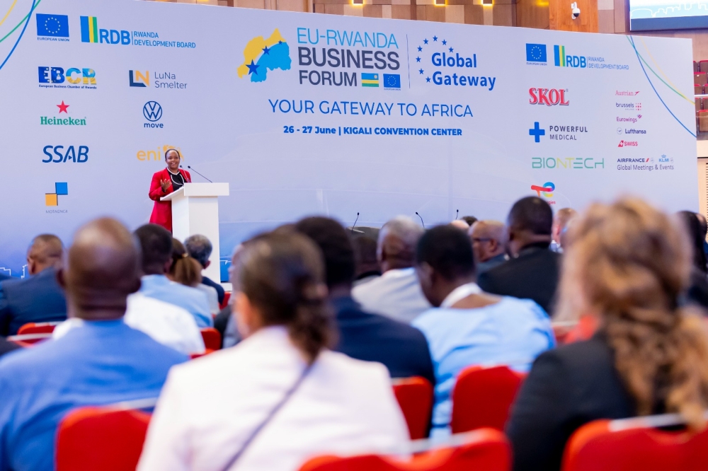 Clare Akamanzi, Rwanda Development Board CEO, addresses delegates during the EU-Rwanda forum in Kigali on June 26. Courtesy