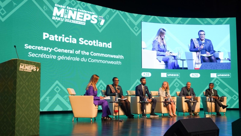 Commonwealth Secretary-General Patricia Scotland speaks among panelists  at the 7th international conference of ministers and senior officials responsible for physical education and sport in Baku, Azerbaijan, on June 27. Courtesy