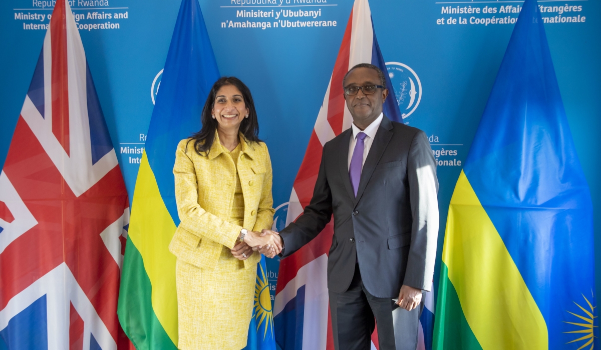 The UK Home Secretary Suella Braverman shakes hands with Minister of Foreign Affairs and International Cooperation Dr Vincent Biruta during a bilateral meeting in Kigali on March 18. Craish Bahizi