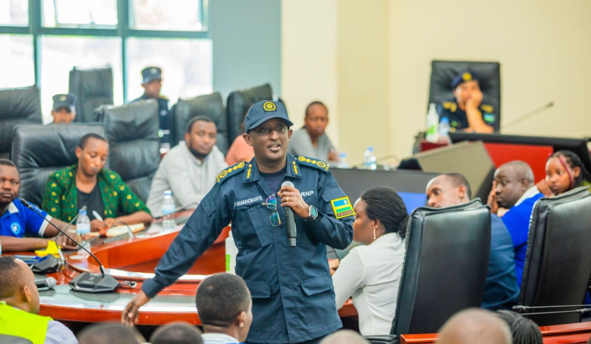 IGP Felix Namuhoranye speaks to youth volunteers drawn from across the country, at Gasabo District headquarters, on Tuesday, June 27, 2023.