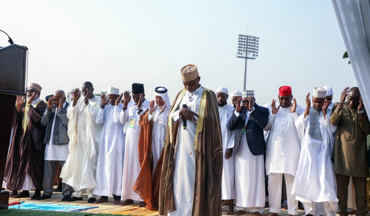 The Mufti of Rwanda, Sheikh Salim Hitimana leads the prayer at Pele Stadium on June 28. Eid-al Adha , the festival is Islam’s second, and most significant, major holiday.