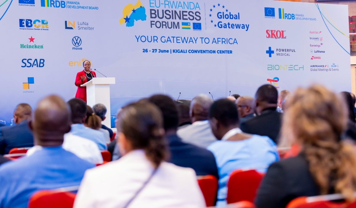 Clare Akamanzi, Rwanda Development Board CEO, addresses delegates during the EU-Rwanda forum in Kigali on June 26. Courtesy