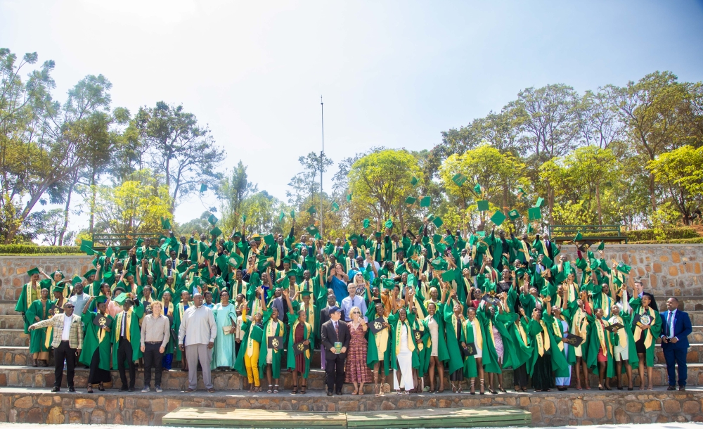 A total of 123 graduates pose for a group photo at the graduation ceremony. The graduation of these 123 students from ASYV is in addition to 1800 young Rwandans who graduated since its foundation in 2008.