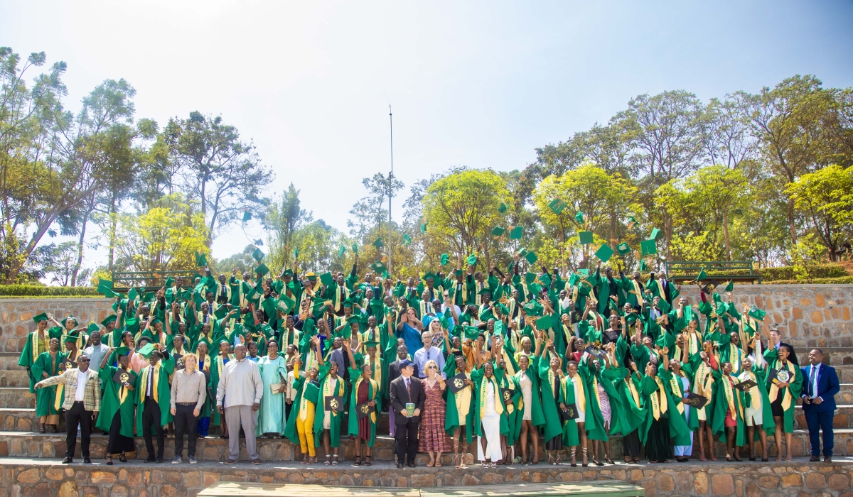 A total of 123 graduates pose for a group photo at the graduation ceremony. The graduation of these 123 students from ASYV is in addition to 1800 young Rwandans who graduated since its foundation in 2008.