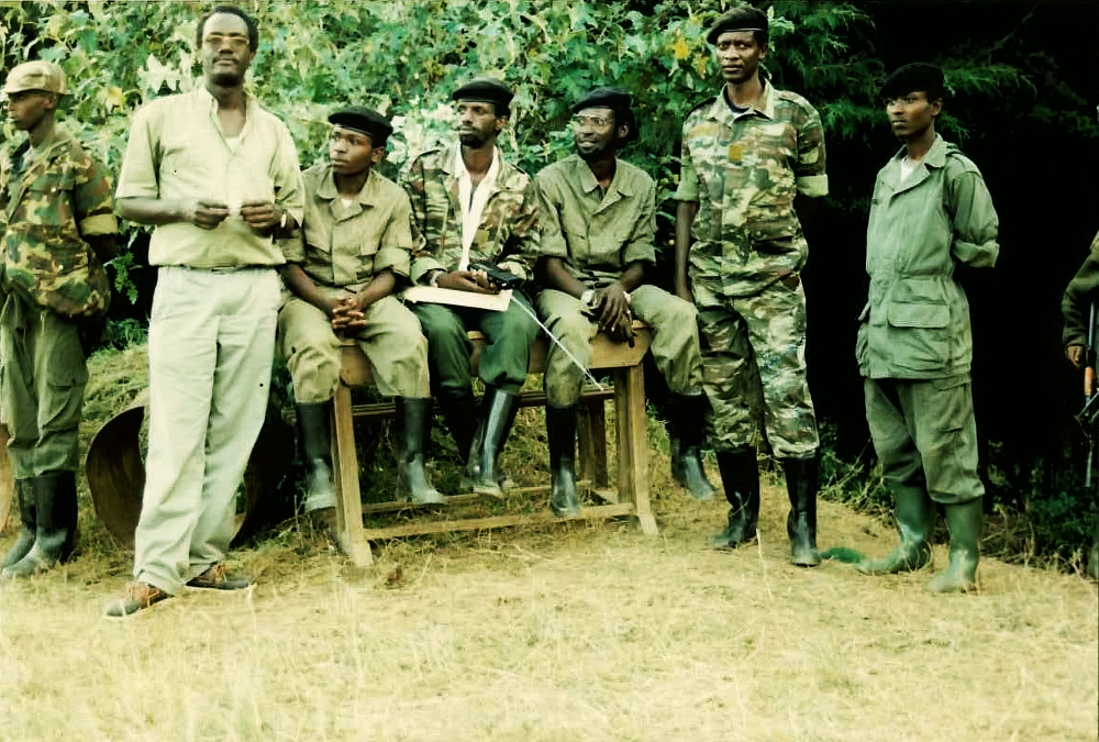 Some of the soldiers during a seminar in Rushaki at the beginning of 1994. Located in the current Gicumbi District, Rushaki was one of the prominent bases of the liberation struggle . Courtesy