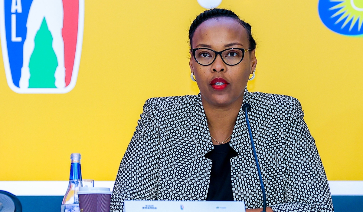 Sports Minister Aurore Munyangaju during a press conference. Courtesy