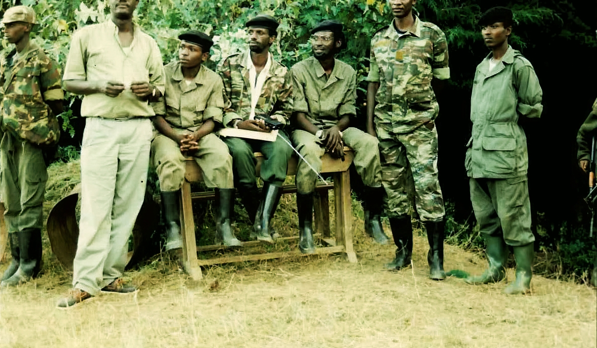 Some of the soldiers during a seminar in Rushaki at the beginning of 1994. Located in the current Gicumbi District, Rushaki was one of the prominent bases of the liberation struggle . Courtesy