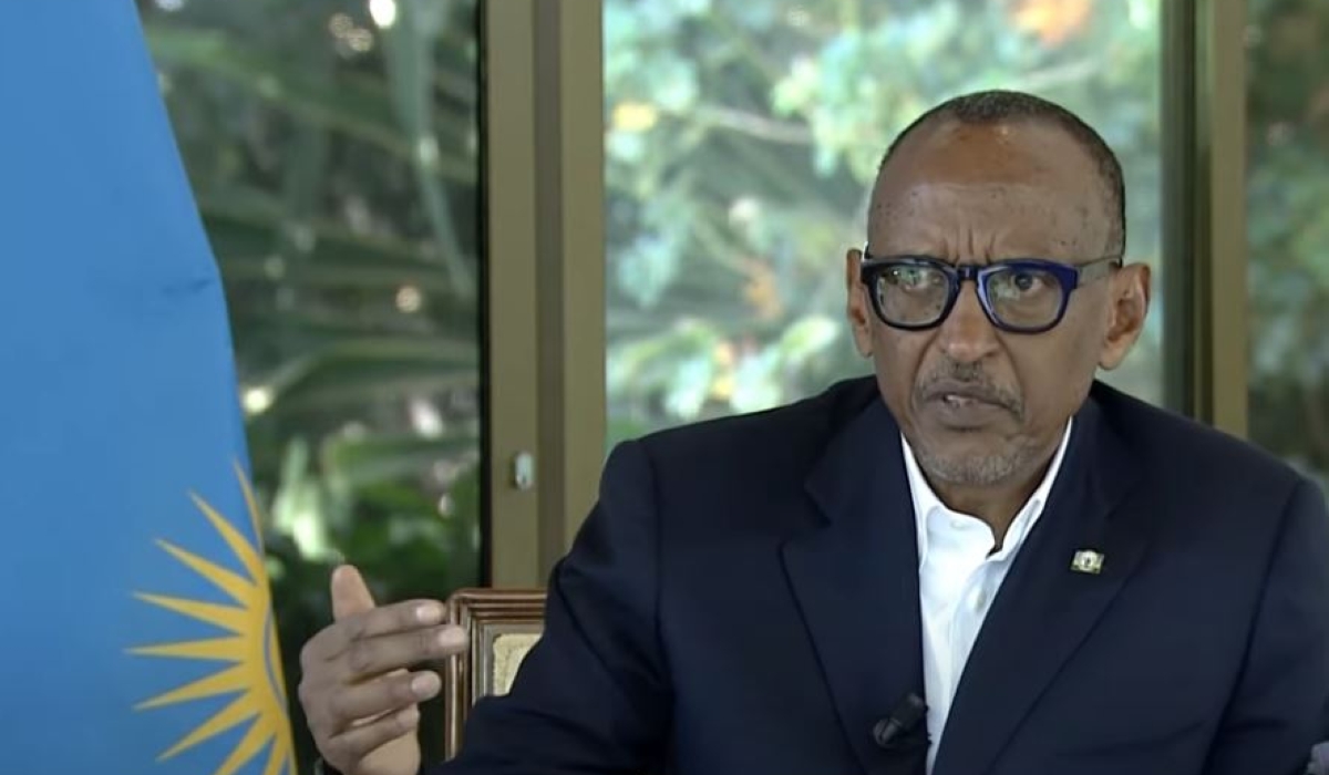 President Paul Kagame responds to different questions during a televised conversation dubbed ‘Ask the President’ on the
public broadcaster RBA, in Kigali on Tuesday, July 4. Kagame said that Rwanda’s toughest challenge was rebuilding a shattered
nation, uniting its people and making them understand their history. Photo: Courtesy.