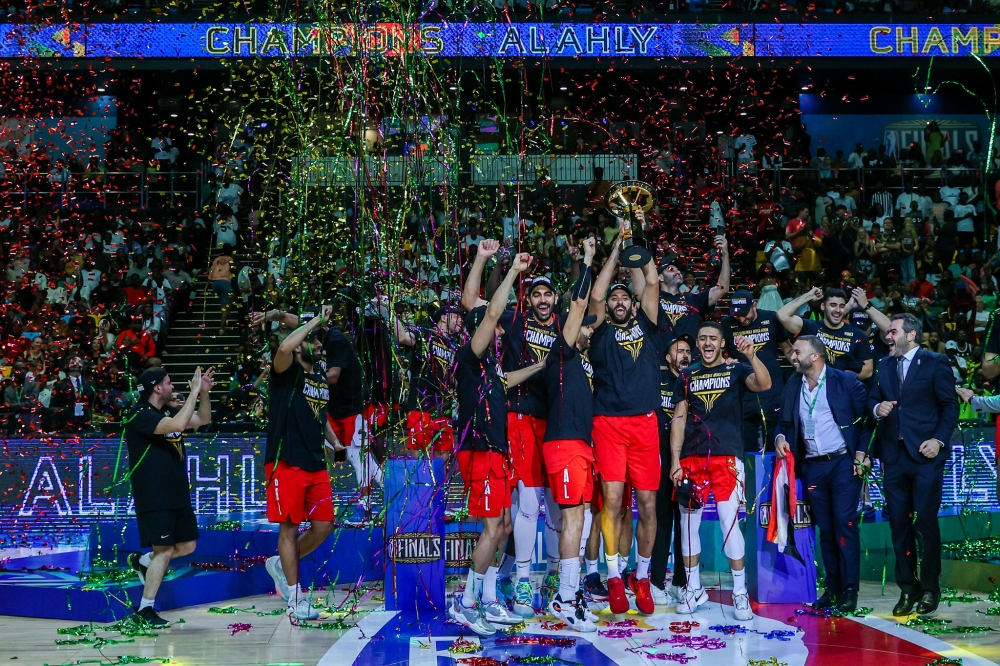 Egyptian giants Al Ahly celebrate to be crowned  champions of the 2023 Basketball Africa League after stunning AS Douanes 80-65 in the final at BK Arena on , May 27. Photo by Olivier Mugwiza 