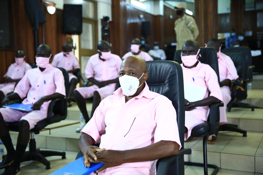 Terror convict Paul Rusesabagina with his co-accused during a hearing session during  FLN trial in Kigali  on February 17, 2021. File