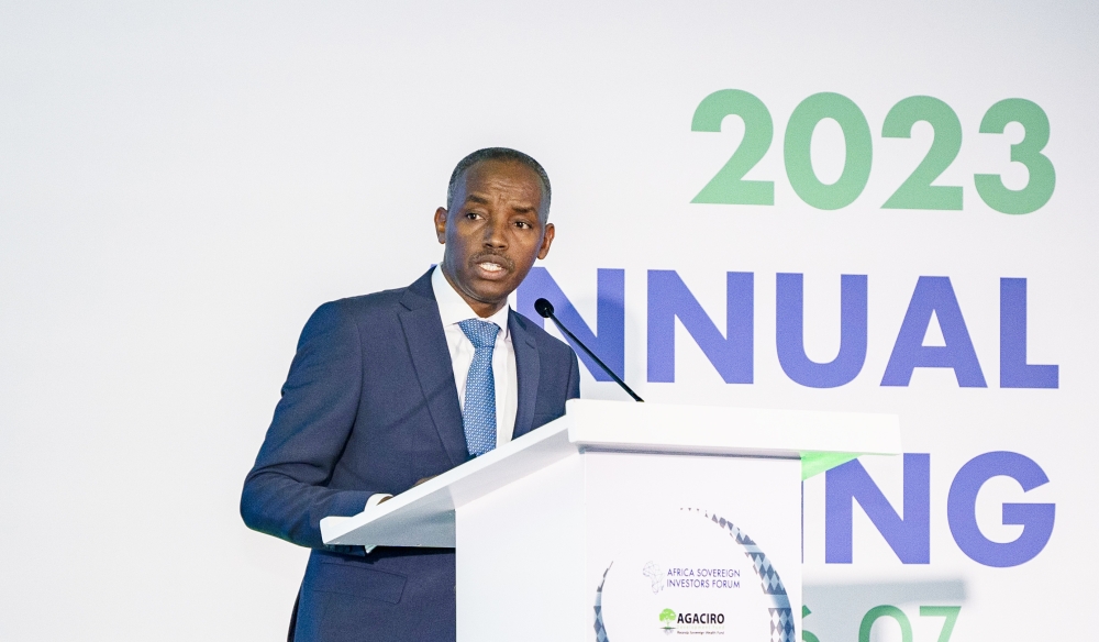 Eric Rwigamba, Minister of Public Investments and Privatization, delivers remarks during the second annual meeting of the African Sovereign Investors Forum (ASIF) in Kigali on Thursday, July 6. Photos by Emmanuel Dushimimana