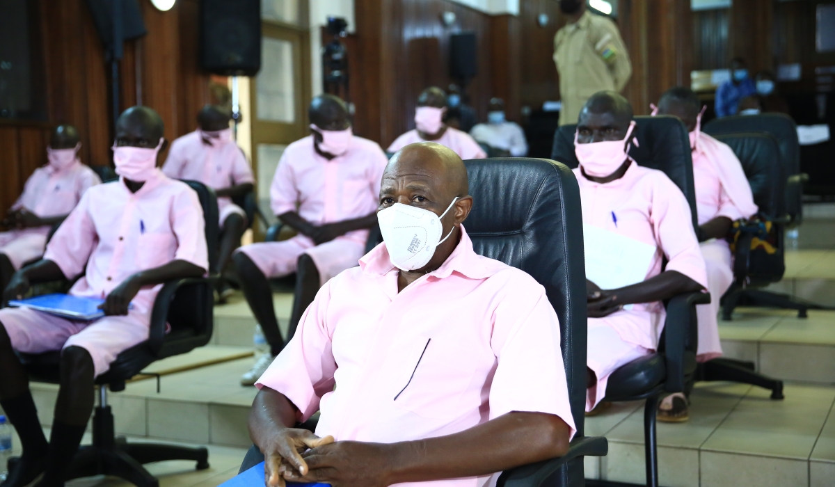 Terror convict Paul Rusesabagina with his co-accused during a hearing session during  FLN trial in Kigali  on February 17, 2021. File