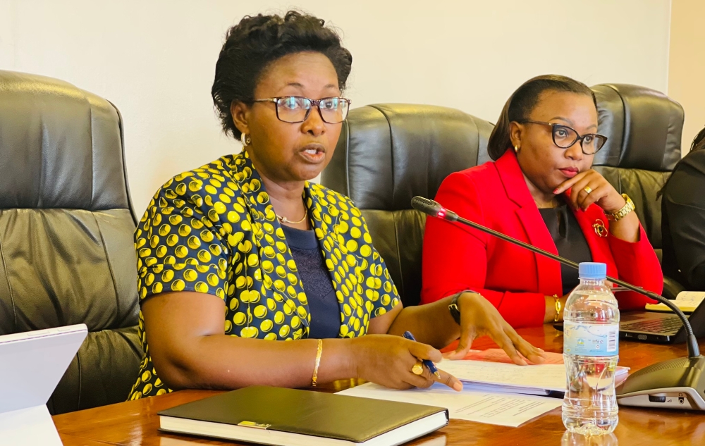 The Minister of State in charge of Constitutional and Legal Affairs at the Ministry of Justice, Soline Nyirahabimana, delivers her remarks during the session on analysis of the proposed amendments to the law of 2018 determining offences and penalties in general at Parliament on July 6, 2023. She is flanked by the Vice Chairperson of Rwanda Law Reform Commission, Bibiane Burayobera Umuzayire. PHOTO: EMMANUEL NTIRENGANYA