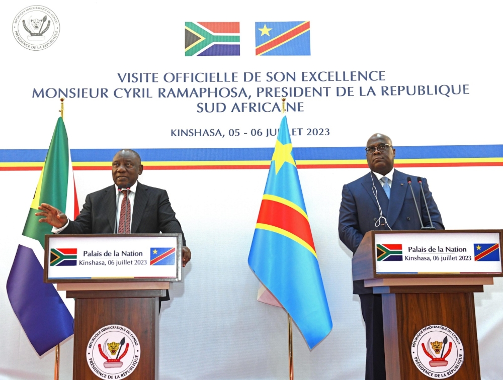 South African President Cyril Ramaphosa and  his counterpart  Felix Tshisekedi during a joint  press conference in the Congolese capital, Kinshasa on Thursday, July 6. Courtesy