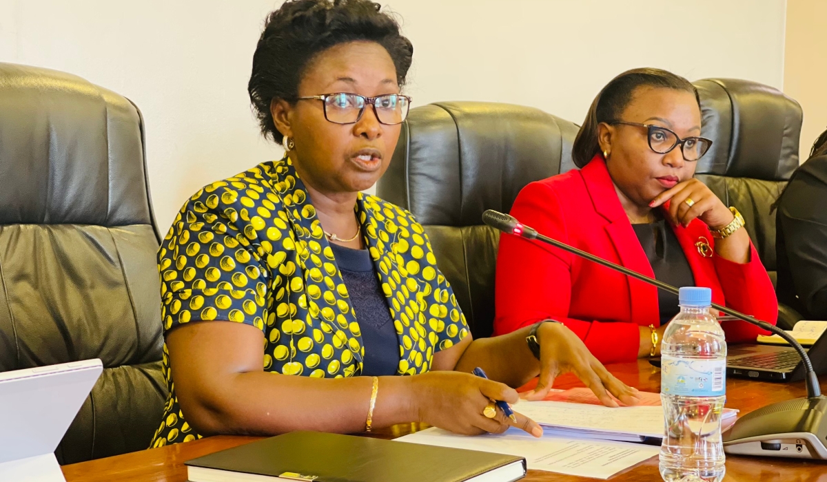 The Minister of State in charge of Constitutional and Legal Affairs at the Ministry of Justice, Soline Nyirahabimana, delivers her remarks during the session on analysis of the proposed amendments to the law of 2018 determining offences and penalties in general at Parliament on July 6, 2023. She is flanked by the Vice Chairperson of Rwanda Law Reform Commission, Bibiane Burayobera Umuzayire. PHOTO: EMMANUEL NTIRENGANYA