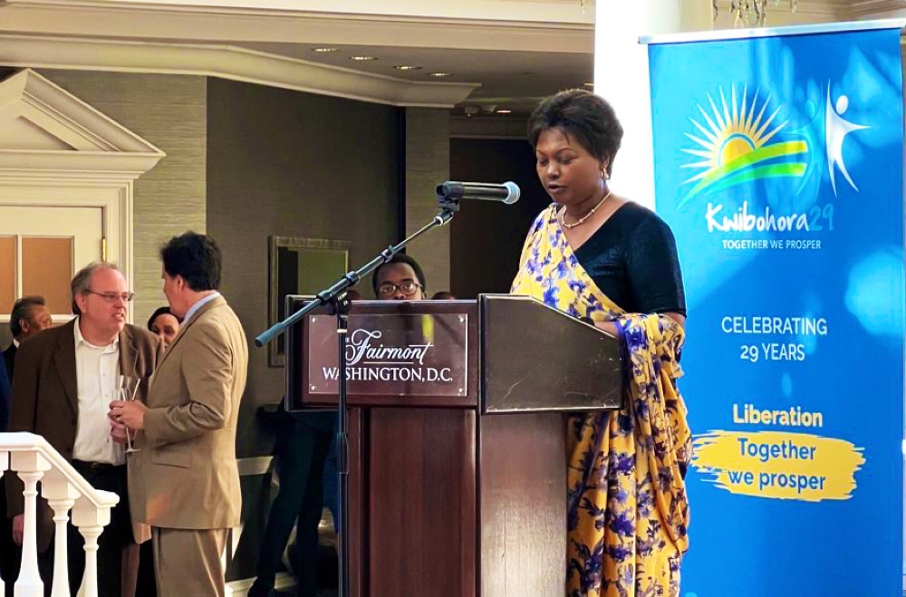 Rwanda’s Ambassador to the US, Mathilde Mukantabana addresses delegates during the celebration of the 29th anniversary of Rwanda’s liberation in USA,  on Thursday, July 6