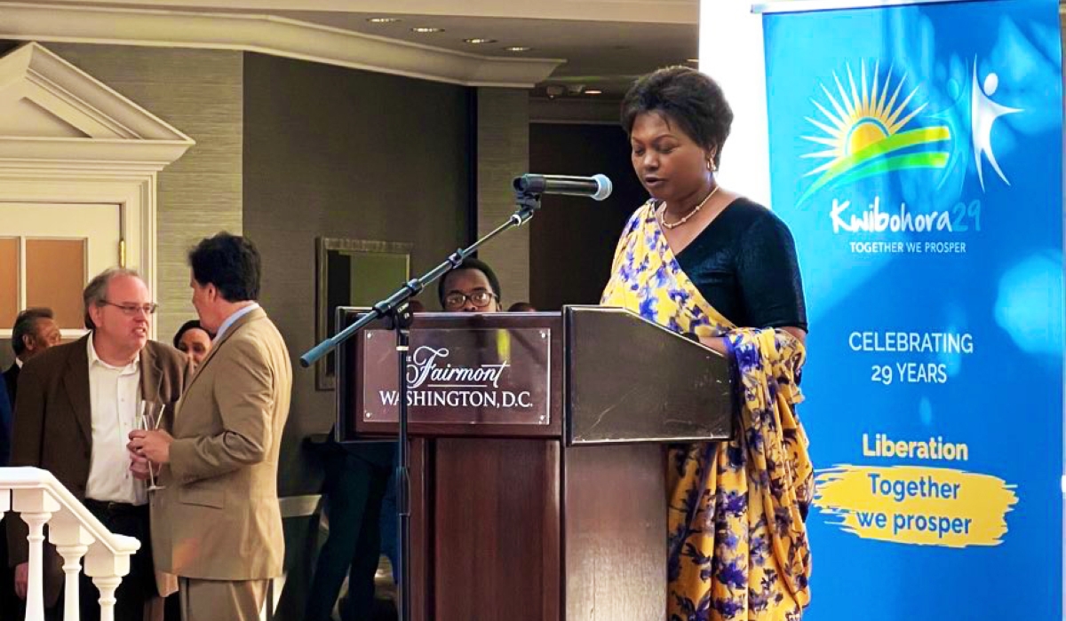 Rwanda’s Ambassador to the US, Mathilde Mukantabana addresses delegates during the celebration of the 29th anniversary of Rwanda’s liberation in USA,  on Thursday, July 6