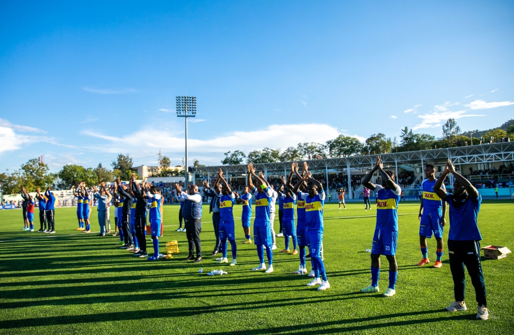 Rayon Sports players thank their supporters after a Peace Cup game against Mukura at Kigali Pele Stadium. The newly revamped stadium will host the Super Cup Final between Rayon and APR FC. OLIVIER MUGWIZA
