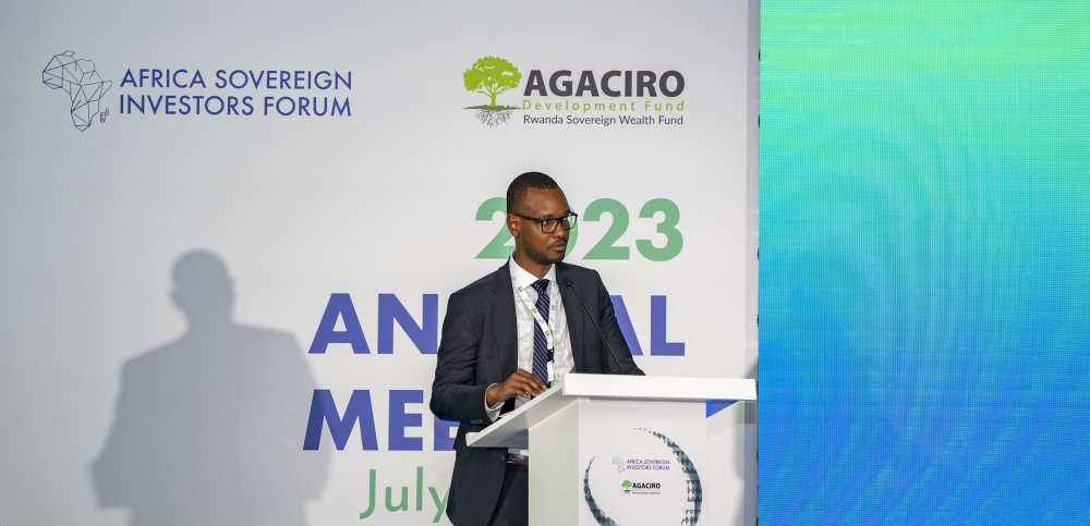 Thierry Kalisa, a senior economist addresses delegates during  the second annual meeting of the African Sovereign Investors Forum (ASIF) held from July 6 to 7. PHOTOS BY EMMANUEL DUSHIMIMANA