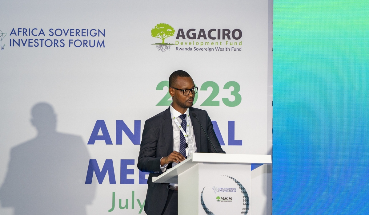 Thierry Kalisa, a senior economist addresses delegates during  the second annual meeting of the African Sovereign Investors Forum (ASIF) held from July 6 to 7. PHOTOS BY EMMANUEL DUSHIMIMANA