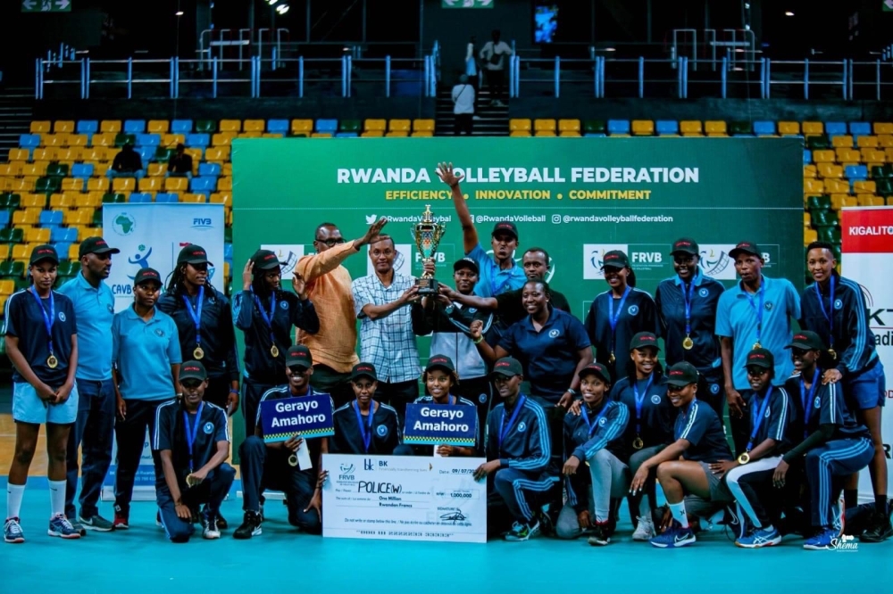 Police women volleyball club celebrate the trophy after beating APR in the final to win the Liberation Cup for the first time. Police women volleyball club celebrate the trophy after beating APR in the final to win the Liberation Cup for the first time.