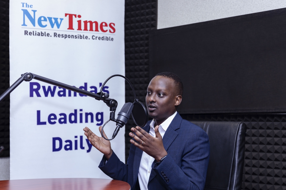 Dr Yvan Butera, the Minister of State at the Ministry of Health, makes a point during a podcast conversation with The Long Form host, Sanny Ntayombya, on Monday, July 10. CHRISTIANE MURENGERANTWARI