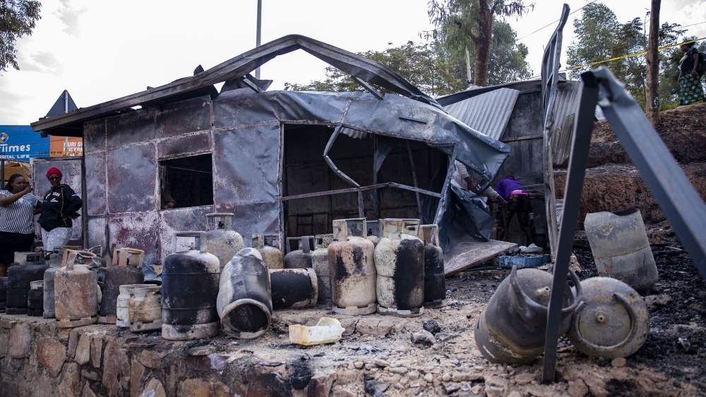 A view of a burned gas shop at Zindiro. The fire outbreaks that affected three different locations in the City of Kigali on Tuesday, July 11 damaged properties valued at Rwf235 million. Photo by  Christianne Murengerantwari