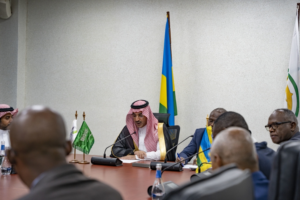 Sultan bin Abdulrahman Al-Marshad, Chief Executive Officer of Saudi Fund for Development addresses journalists after signing the agreement in Kigali on July 11.