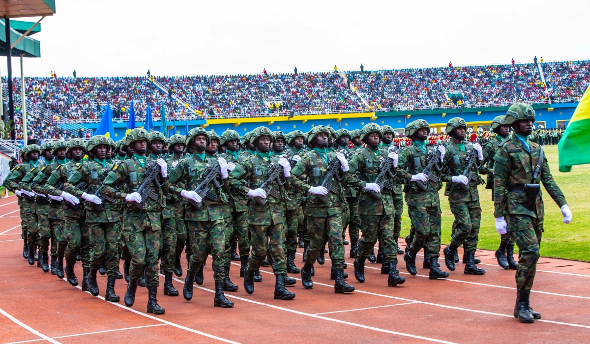 A military parade during the ceremony to mark the 25th Anniversary of the Liberation Day at Amahoro stadium. File