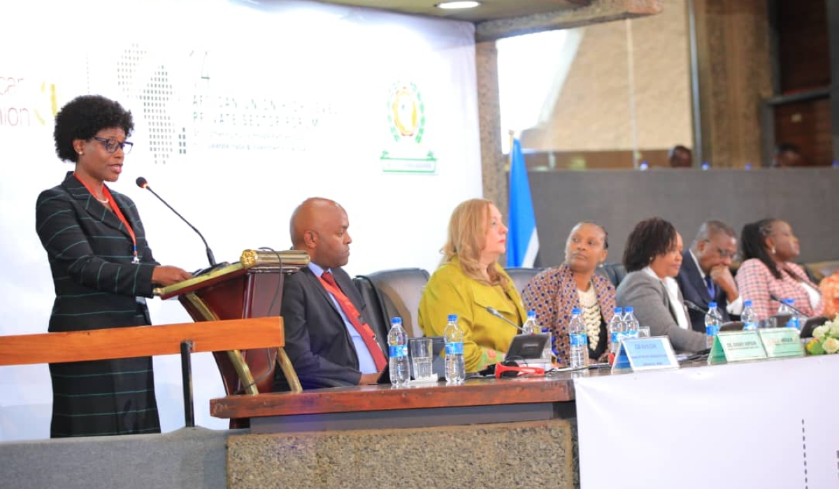 The Deputy Secretary General in charge of Customs, Trade and Monetary Affairs at EAC, Annette Ssemuwemba Mutaawe, speaks during the launch of the 14th African Union High Level Private Sector Forum, on July 10, 2023, in Nairobi, Kenya (courtesy). 