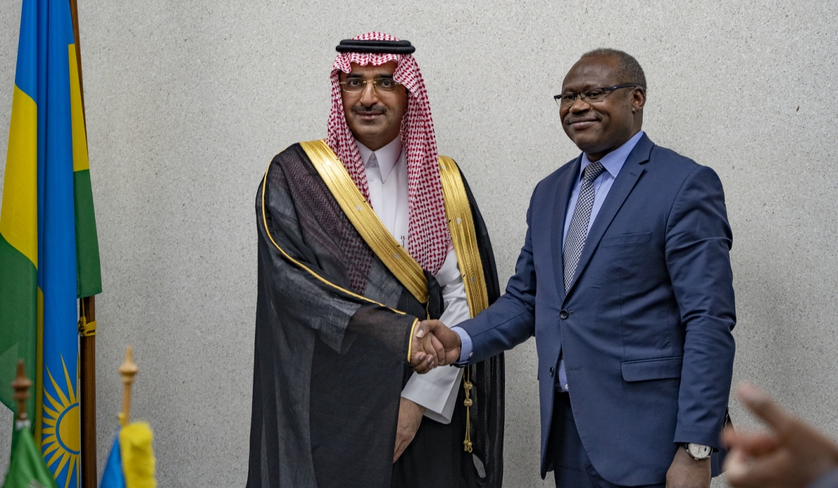 Minister of Finance Uzziel Ndagijimana and  Sultan bin Abdulrahman Al-Marshad, Chief Executive Officer of SFD during the  signing ceremony in Kigali on Tuesday, July 11. Photos by Emmanuel Dushimimana