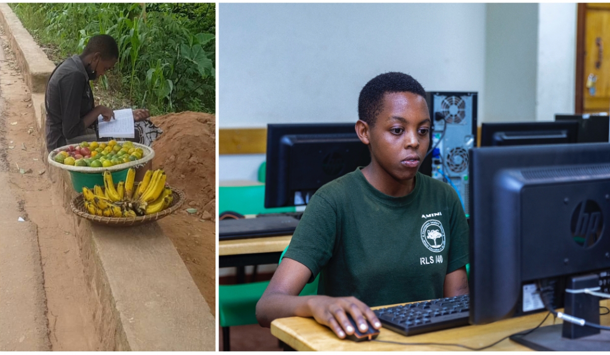 (Left) Amina Uwikuzo, while doing her homework, at the same time selling fruits on the street in 2022 (Courtesy). (Right) Uwikuzo inside the computer lab at  Rwamagana Leaders’ School in Rwamagana District, the school that has given her a free scholarship after reading her story. Photo by Christianne Murengerantwari