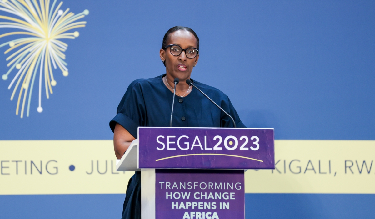 First Lady Jeannette Kagame addresses delegates at the annual meeting of the Segal Family Foundation in Kigali on Thursday, July 13. PHOTOS BY OLIVIER MUGWIZA