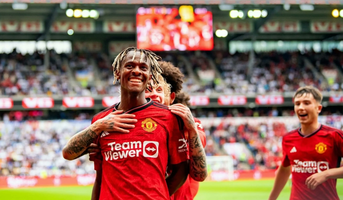 Rwandan wonderkid Noam Emeran celebrates with his teammates. He  was on target for Manchester United as they beat Leeds United 2-0 on Wednesday, July 12 in a preseason friendly.  Courtesy 