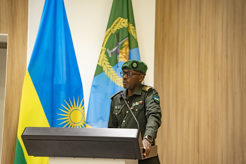 Lt. Col. Simon Kabera, RDF Deputy spokesperson speaks at a session.