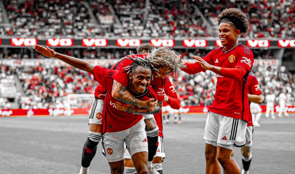Rwandan wonderkid Noam Emeran celebrates with his teammates. He was on target for Manchester United as they beat Leeds United 2-0 on Wednesday, July 12 in a preseason friendly. COURTESY