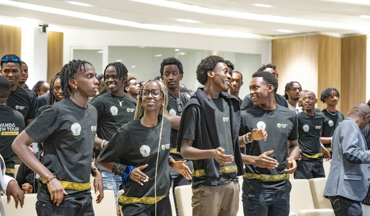 Some 65 diaspora youth participating in the Rwanda Youth Tour 2023 during a morale boosting at RDF Headquarters on Friday,July 14. All photos by Emmanuel Dushimimana